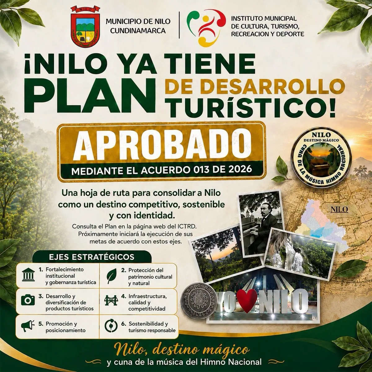 Pieza oficial del Plan de Desarrollo Turístico de Nilo 2026-2036, aprobado por el Acuerdo 013 de 2026